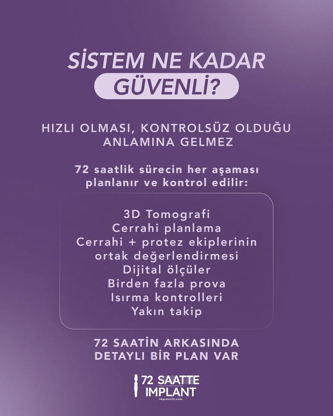 Sistem ne kadar güvenli: hızlı olması kontrolsüz olduğu anlamına gelmiyor. 3D tomografi, cerrahi planlama, cerrahi ve protez ekiplerinin ortak değerlendirmesi, dijital ölçüler, birden fazla prova, ısırma kontrolleri ve yakın takip.